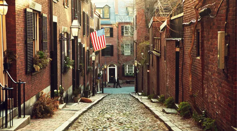 An empty cobblestone lane in Beacon Hill, Boston